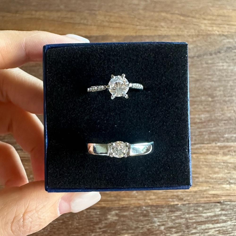 Adjustable Open Ring Set Silver CZ Engagement Ring Wedding Band Stackable Ring